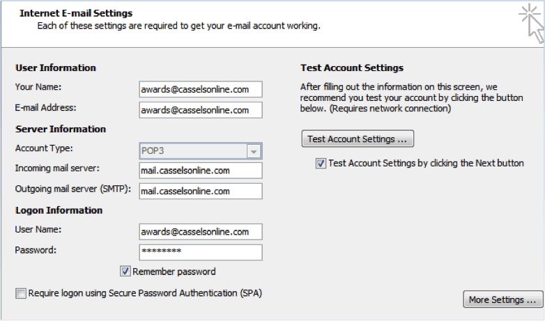 comcast outgoing mail server settings for pop account