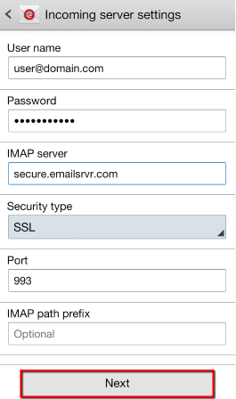 vodamail incoming server settings